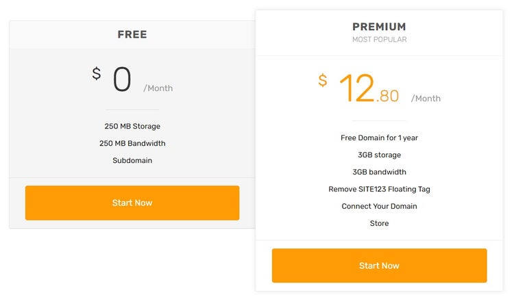 Planes gratuitos y premium de Site123