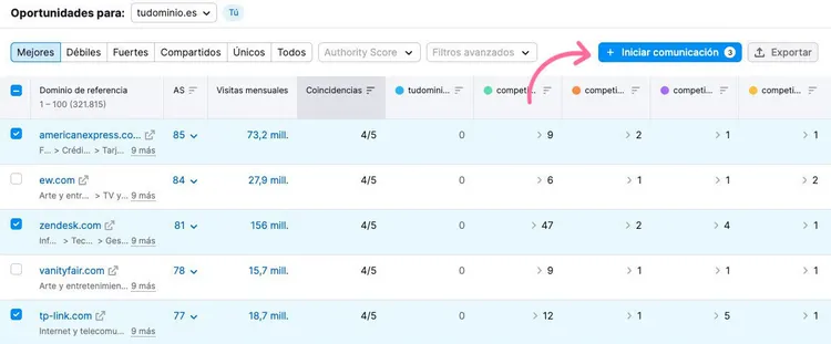 Reporte oportunidades Link Building Semrush con tabla de resultados