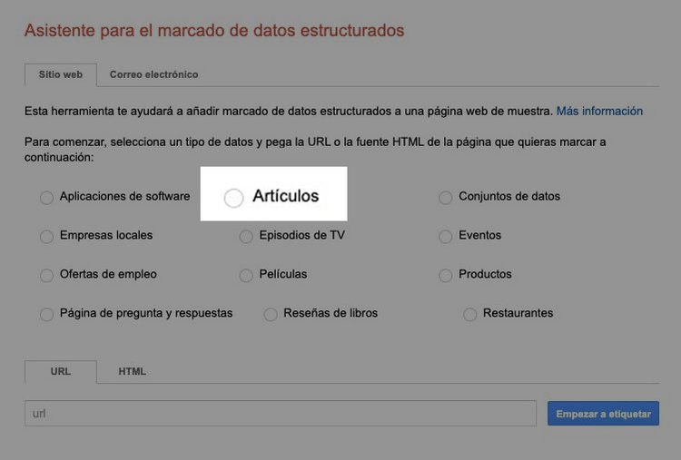 Asistente Google Structured Data mostrando opciones tipo datos Artículos