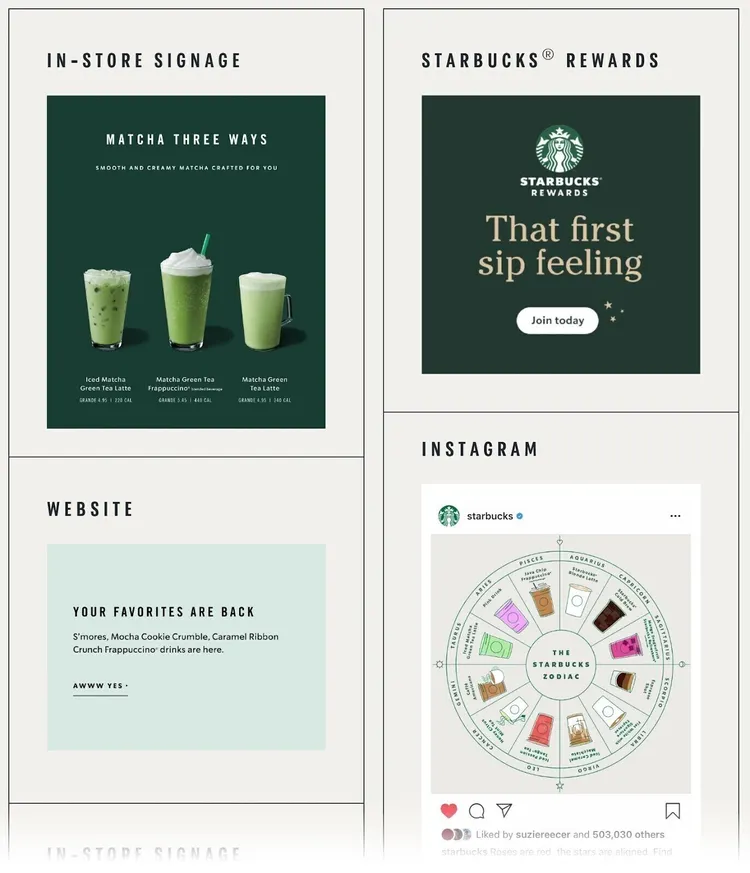 un ejemplo de mensajes de Starbucks en diferentes canales, señalización en tienda, Starbucks Rewards, sitio web e Instagram