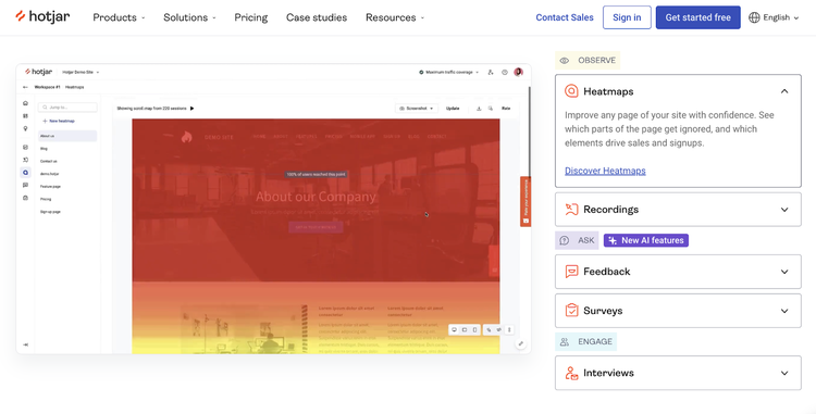 Demostración de mapa de calor Hotjar de la actividad cambiante de los usuarios en diferentes áreas de una página web.