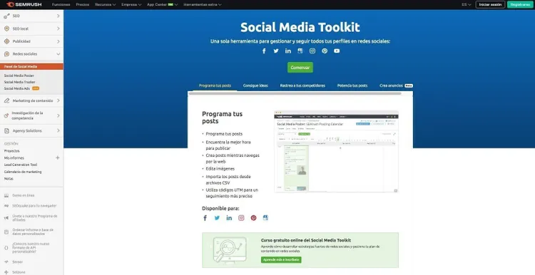 Social Media Toolkit de Semrush con herramientas para redes