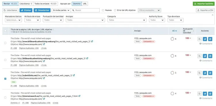 Lista backlinks con opciones categorizar como blanca, perdida o autorizar