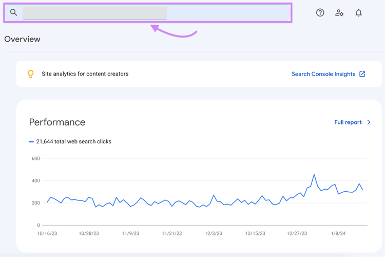 El cuadro de búsqueda en la parte superior de la Consola de búsqueda de Google