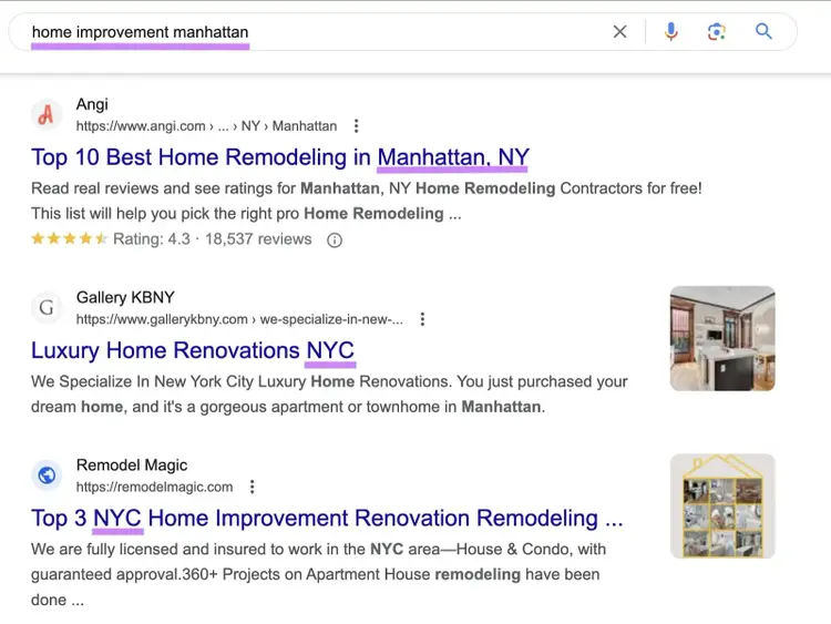 SERP de Google para la consulta "home improvement manhattan"