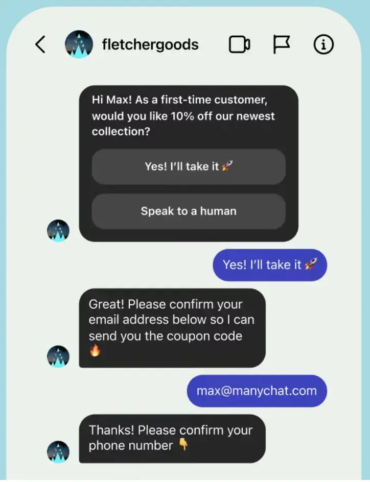 Enviar un código de descuento en Instagram a través de Manychat