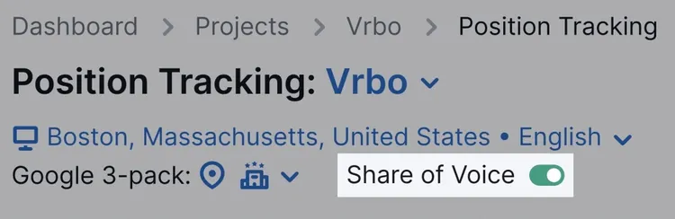 Encabezado de Position Tracking para Vrbo mostrando Boston y toggle de Share of Voice