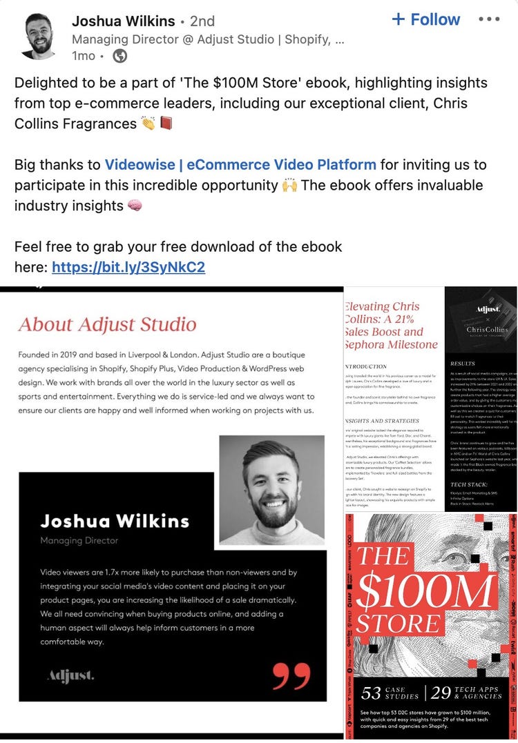 Post de Joushua Wilkins en LinkedIn compartiendo la colaboración con Videowise