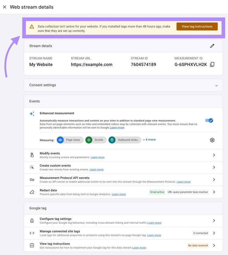 "La recogida de datos no está activa para tu sitio web. Si has instalado etiquetas hace más de 48 horas, asegúrate de que están configuradas correctamente." alerta