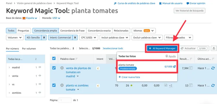 Keyword Magic Tool: opción enviar a otra herramienta