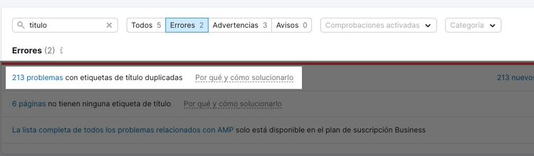Auditoría Semrush: 6 páginas sin título, 213 duplicadas