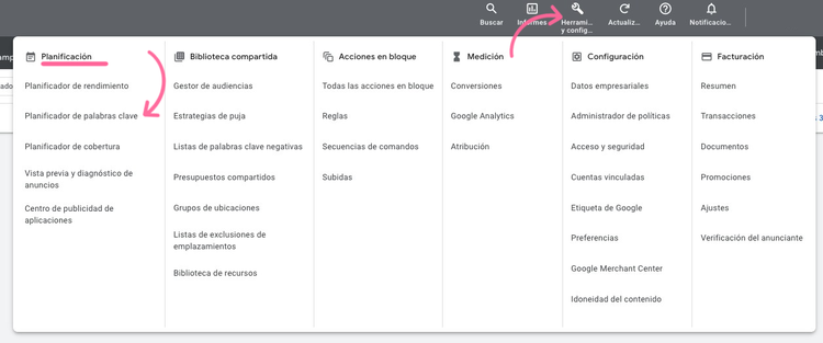 Google Ads tools menu showing planning and other management categories