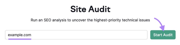 Búsqueda de auditoría del sitio con "ejemplo.com" introducido y "Iniciar auditoría" pulsado.