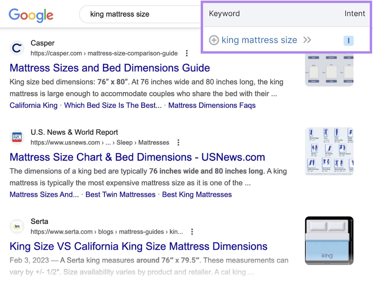 Resultados de Google para la búsqueda "tamaño del colchón king