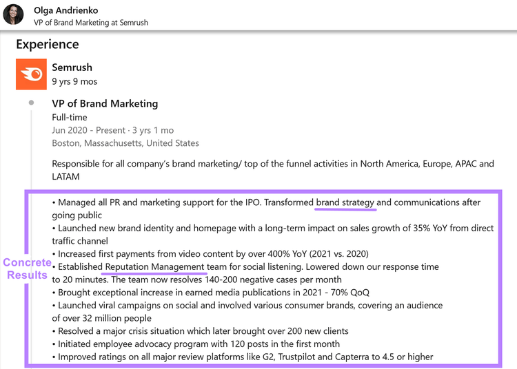 Captura de pantalla de la sección "Experiencia" del LinkedIn de Olga Andrienko