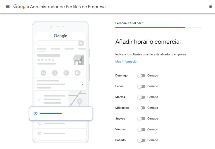 Google Business horario comercial con días semana y toggles cerrado/abierto