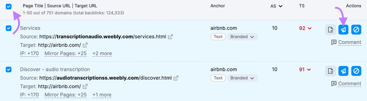 Botón "Mover a la lista Eliminar" resaltado junto a las URL seleccionadas de la lista