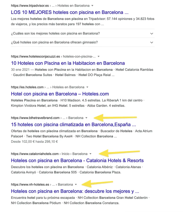Google SERP hoteles piscina Barcelona con resultados destacados