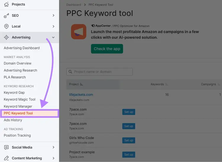Navegando a "Herramienta de palabras clave PPC" en la barra lateral de Semrush