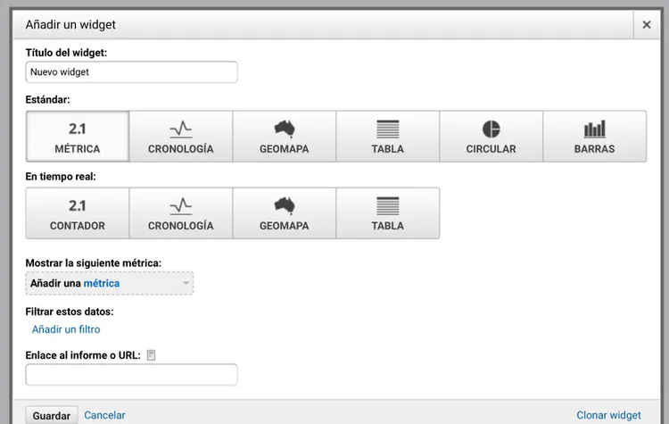 Diálogo Añadir widget con opciones de tipos métrica y tabla