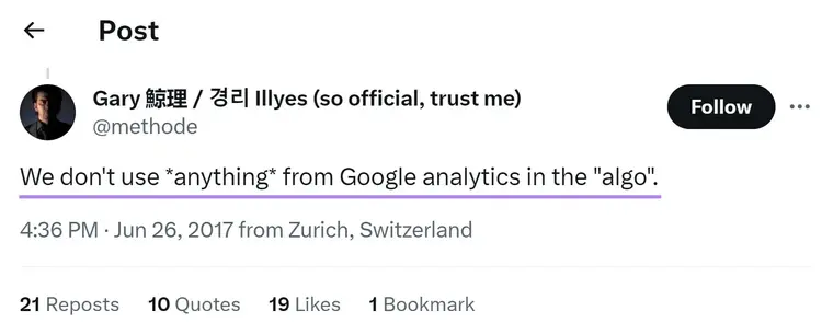El post de @methode en X diciendo "No usamos nada de Google analytics en el algo."
