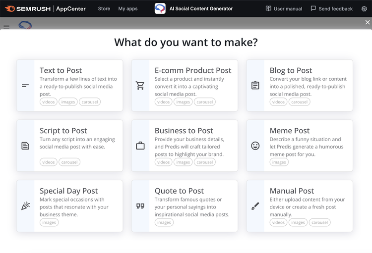 Opciones de formato de la herramienta generadora de contenido social AI, como texto para publicar, cita para publicar, meme para publicar y blog para publicar.