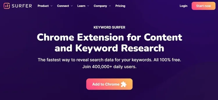 Página de inicio de Keyword Surfer con el título "Extensión de Chrome para la investigación de contenidos y palabras clave" y CTA "Añadir a Chrome".