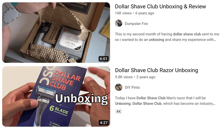 Vídeos unboxing de Dollar Shave Club en YouTube