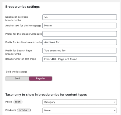Panel configuración migas de pan Yoast SEO con campos texto