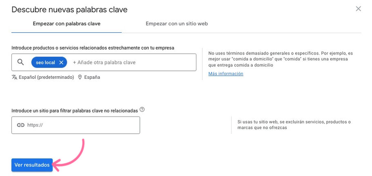 Keyword Planner discover new keywords with website option and URL input field