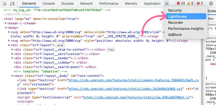 Seleccionar Lighthouse en el panel DevTools