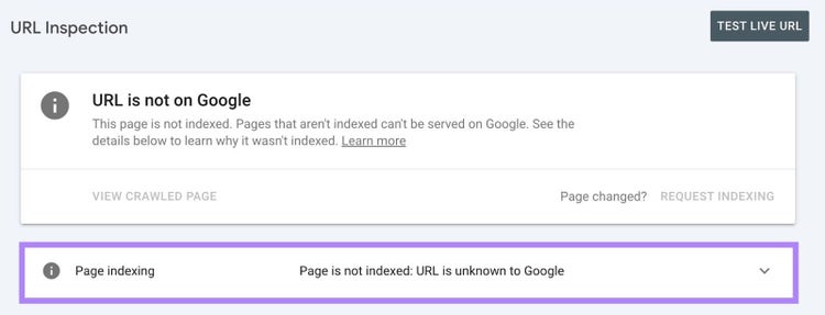 El resultado de una búsqueda de URL en Google Search Console muestra que la página no está indexada