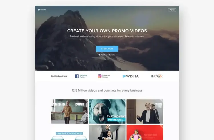 Una página de aterrizaje de alta conversión de Promo con un titular que dice "Crea tus propios vídeos promocionales"