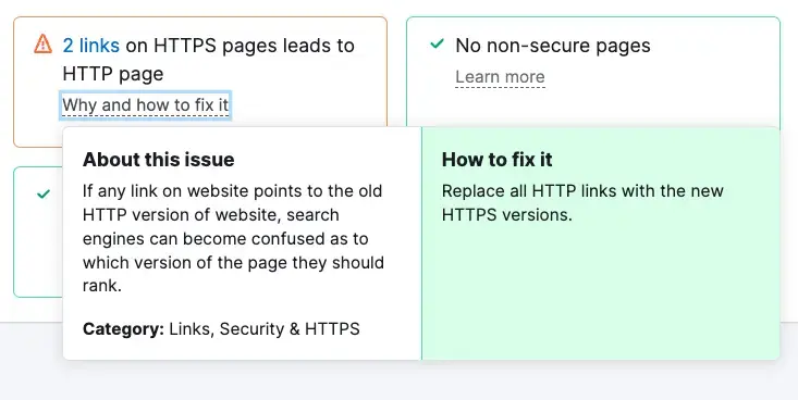 Se abrió la ventana emergente "Por qué y cómo solucionarlo" bajo el bloque "2 enlaces en páginas HTTPS llevan a una página HTTP".