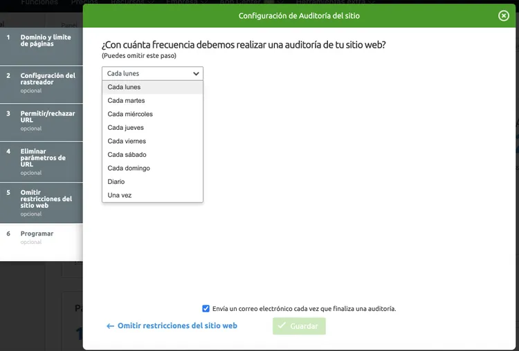 Programar auditorías dropdown frecuencia diaria