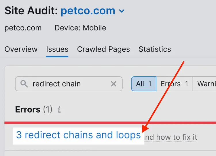 "3 cadenas de redireccionamiento y bucles" mostrados para el proyecto "petco.com" en la Auditoría del Sitio