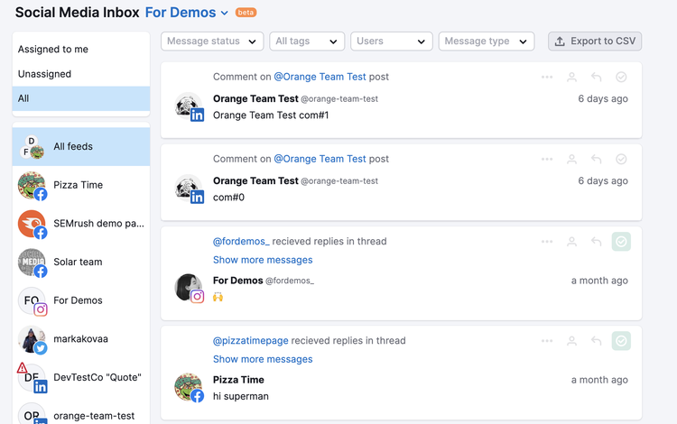 Semrush Social Media Inbox con lista de comentarios