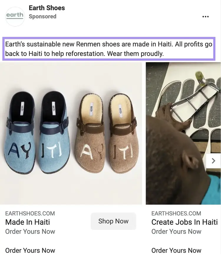 "Los nuevos zapatos sostenibles Renmen de Tierra se fabrican en Haití. Todos los beneficios vuelven a Haití para ayudar a la reforestación. Llévalos con orgullo." copiar