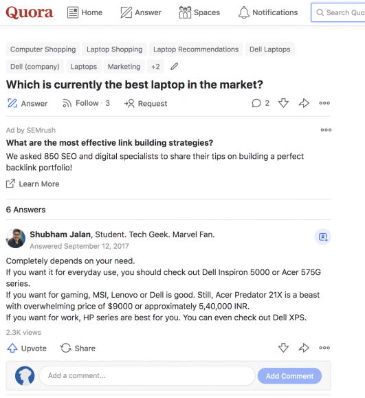 Quora página laptops respuesta Shubham Jalan anuncios Semrush