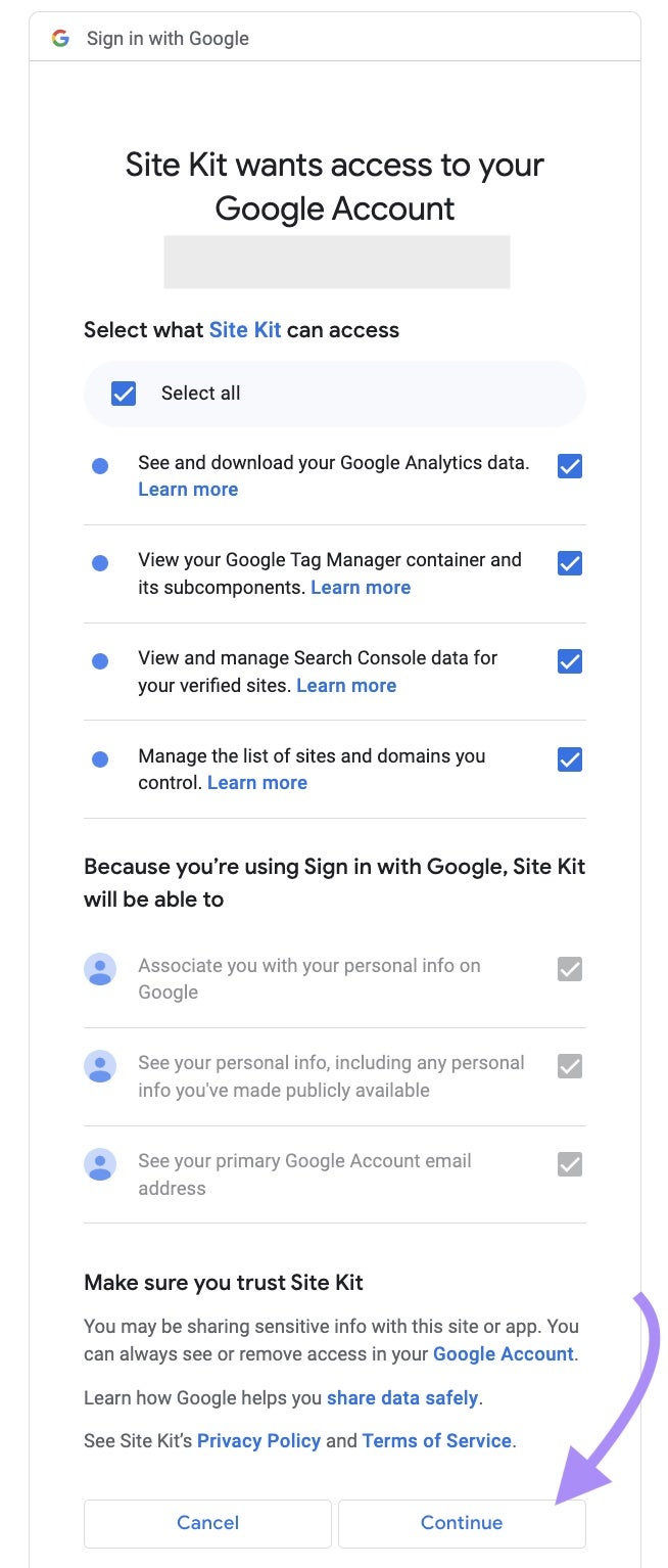 Elige a qué datos puede acceder el Kit del Sitio