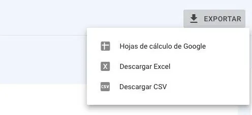 Menú exportación: Google Sheets, Descargar Excel, Descargar CSV