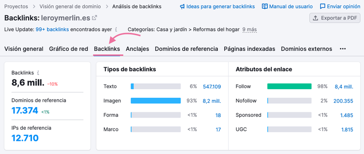 Pestaña de backlinks
