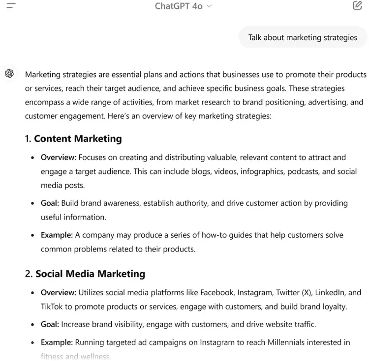Interfaz de ChatGPT mostrando una respuesta a una sugerencia amplia, enumerando elementos clave para estrategias de marketing efectivas