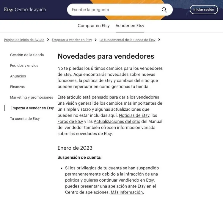 Centro ayuda Etsy vendedores con novedades cambios