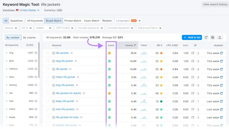 Resultados de Keyword Magic Tool para "chalecos salvavidas" con la columna "intención" resaltada