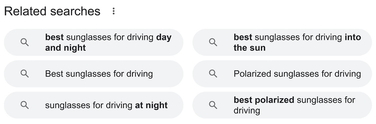 "Búsquedas relacionadas" en la SERP de Google para "gafas de sol para conducir"