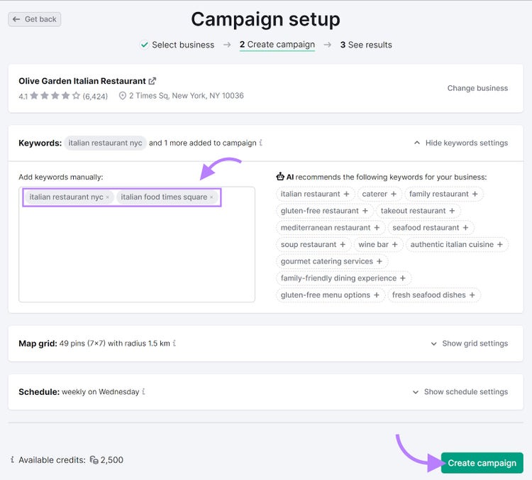 Sección "Configuración de la campaña" de la herramienta Map Rank Tracker con dos palabras clave añadidas manualmente resaltadas.