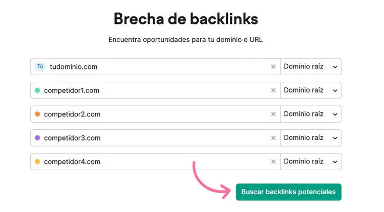 Interfaz Semrush Brecha backlinks con dominios y botón búsqueda