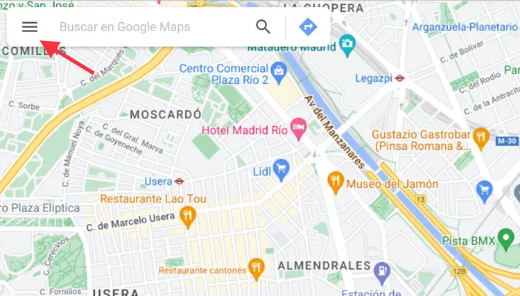 Google Maps menú de hamburguesa en esquina superior izquierda