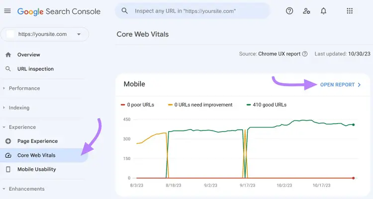 Navegando a "Core Web Vitals" en el menú GSC